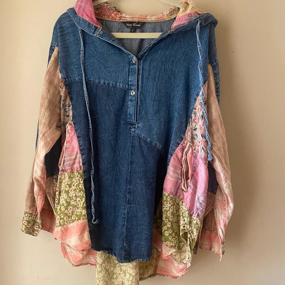 Young Threads Denim Patchwork Tunic Top with Pink… - image 4